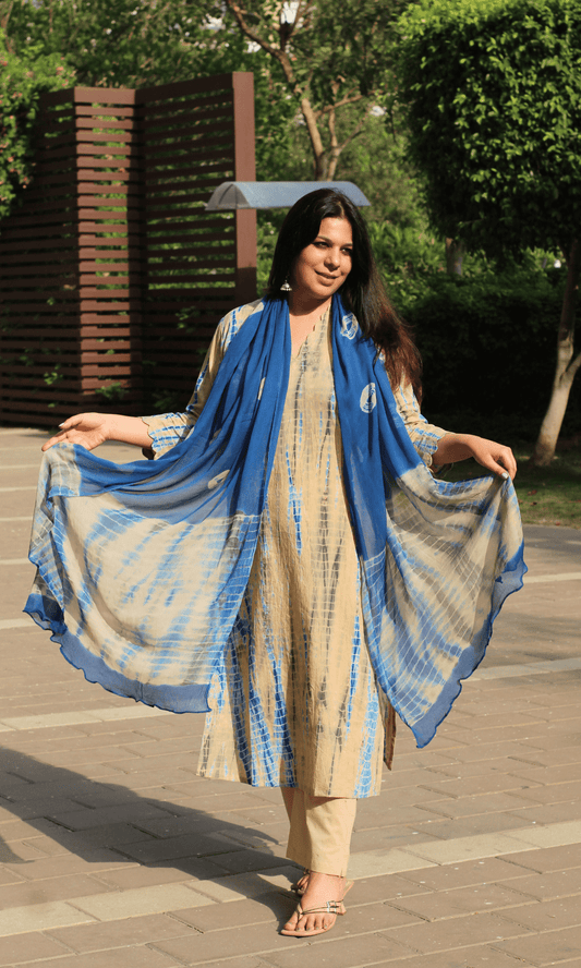 Cotton Tan & Blue Tie & Dye Suit with Chiffon Printed Dupatta - Baareeki
