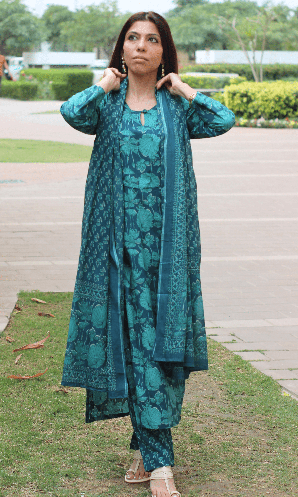 Cotton Teal Floral Print Suit with Cotton Printed Dupatta - Baareeki