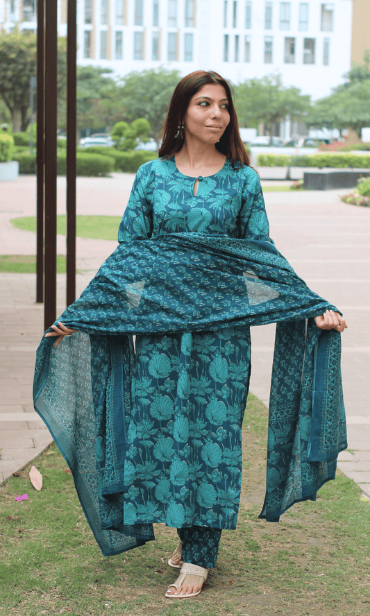 Cotton Teal Floral Print Suit with Cotton Printed Dupatta - Baareeki