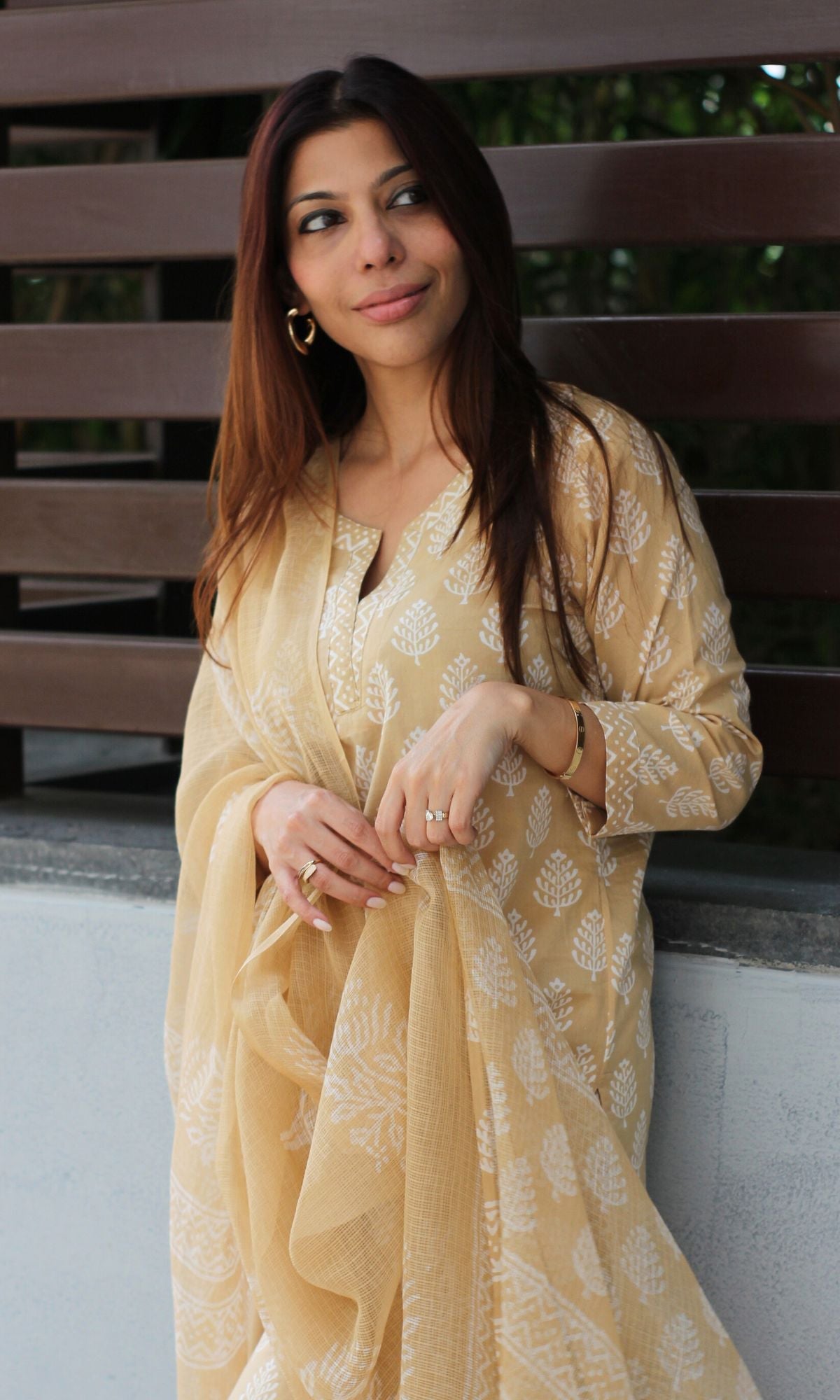 Cotton Wheat Handblock Suit Set with Kota Doria Printed Dupatta - Baareeki