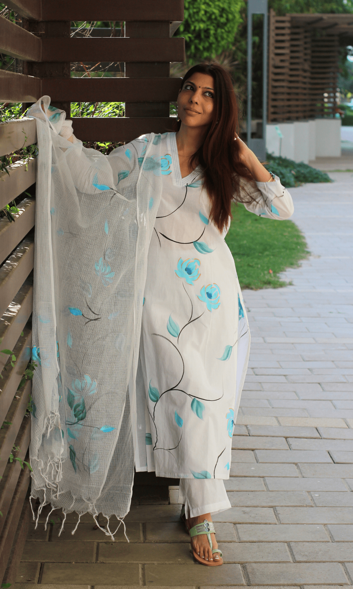 Cotton White Bluebell Handbrush Painted Suit with Kota Doria Painted Dupatta - Baareeki