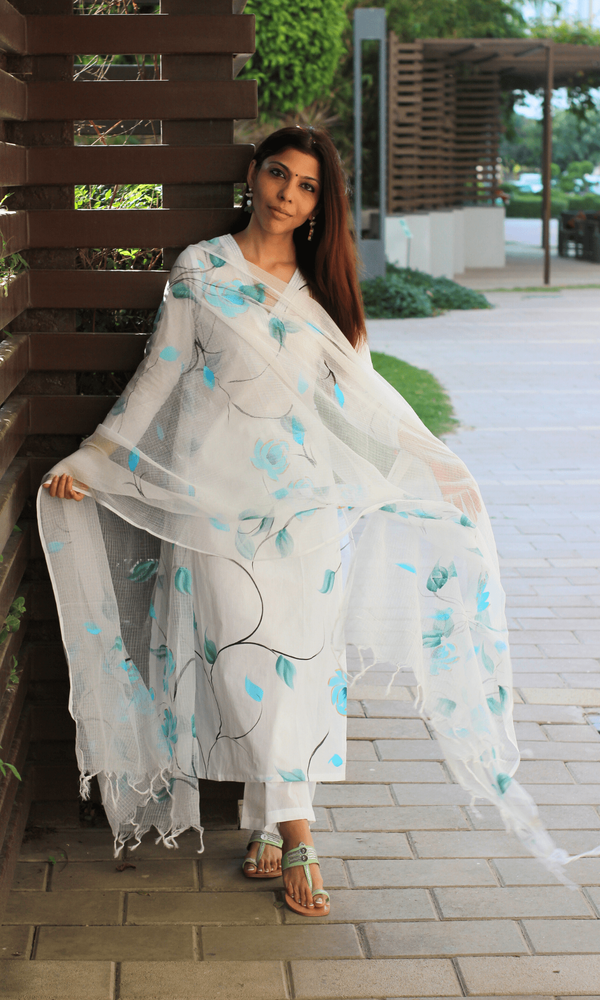 Cotton White Bluebell Handbrush Painted Suit with Kota Doria Painted Dupatta - Baareeki
