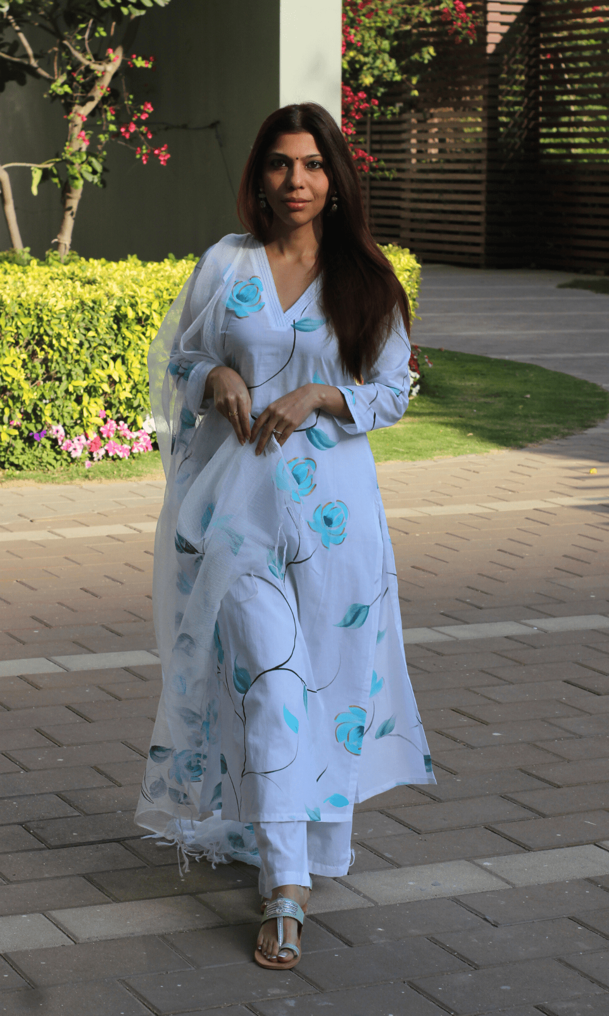 Cotton White Bluebell Handbrush Painted Suit with Kota Doria Painted Dupatta - Baareeki