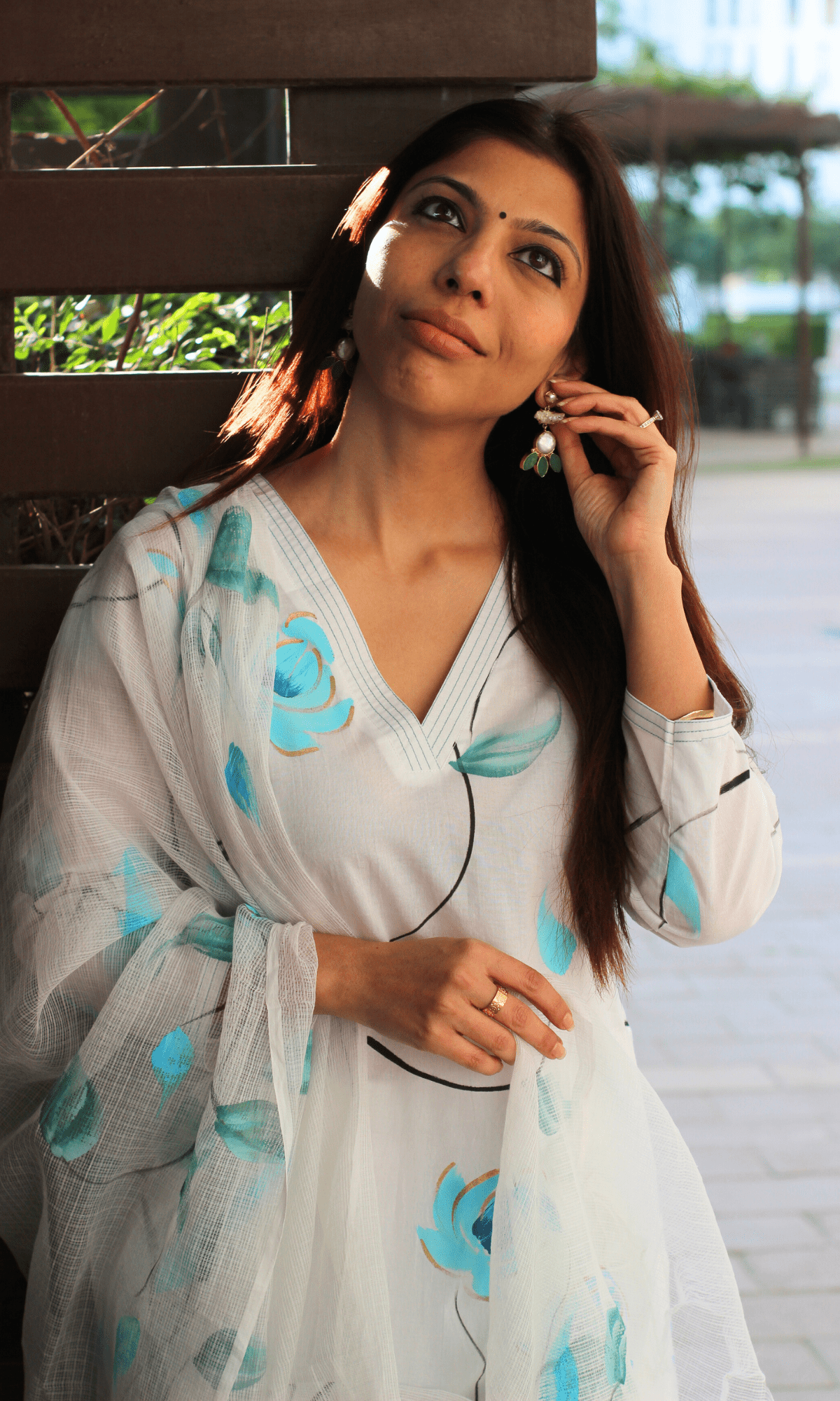Cotton White Bluebell Handbrush Painted Suit with Kota Doria Painted Dupatta - Baareeki