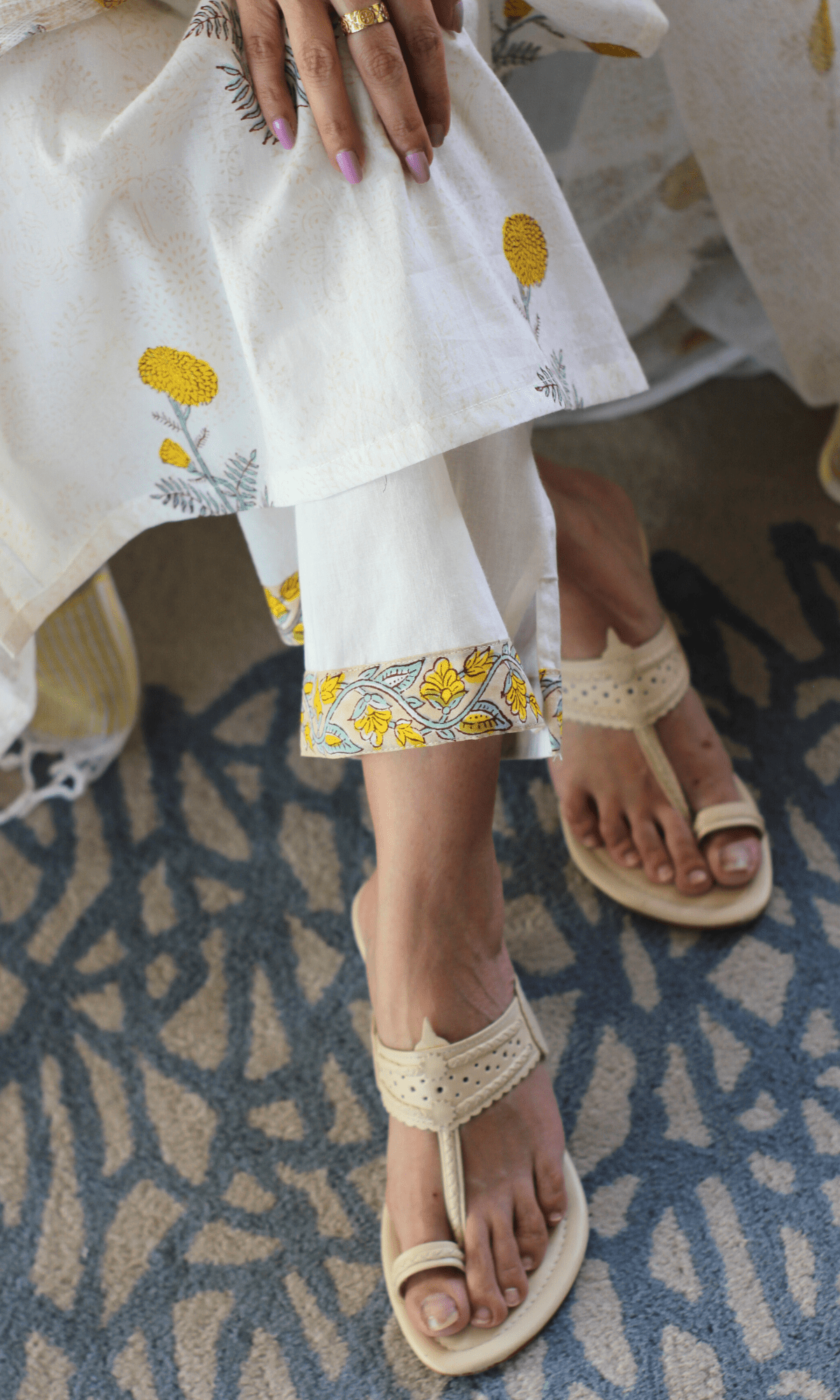 Cotton White Handblock Marigold Print Suit with Kota Doria Handblock Print Dupatta - Baareeki