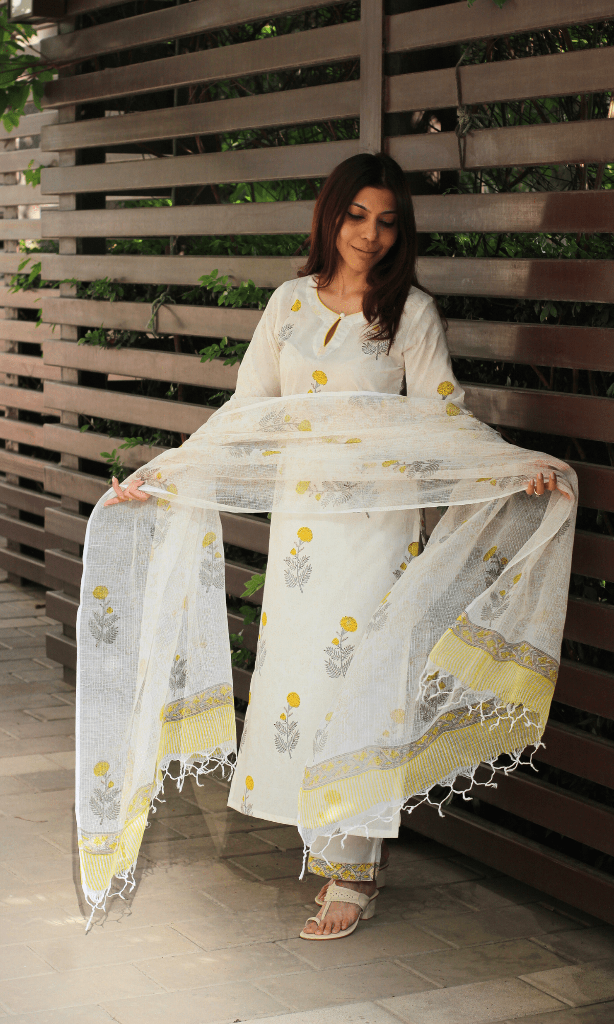 Cotton White Handblock Marigold Print Suit with Kota Doria Handblock Print Dupatta - Baareeki