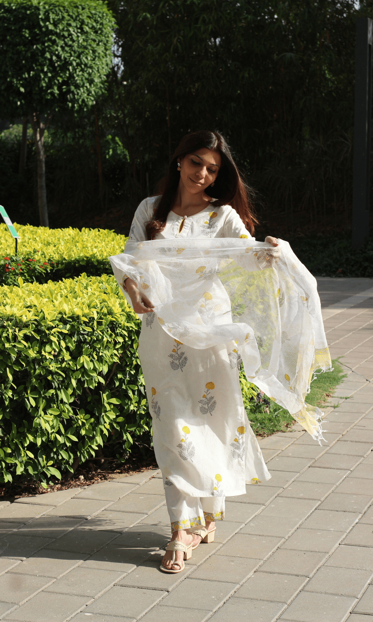 Cotton White Handblock Marigold Print Suit with Kota Doria Handblock Print Dupatta - Baareeki