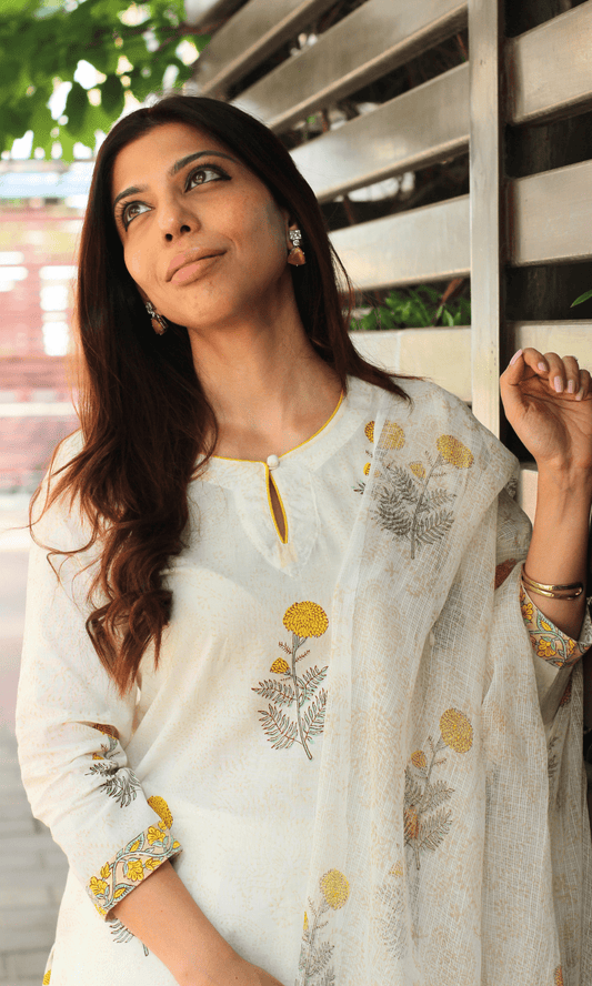 Cotton White Handblock Marigold Print Suit with Kota Doria Handblock Print Dupatta - Baareeki