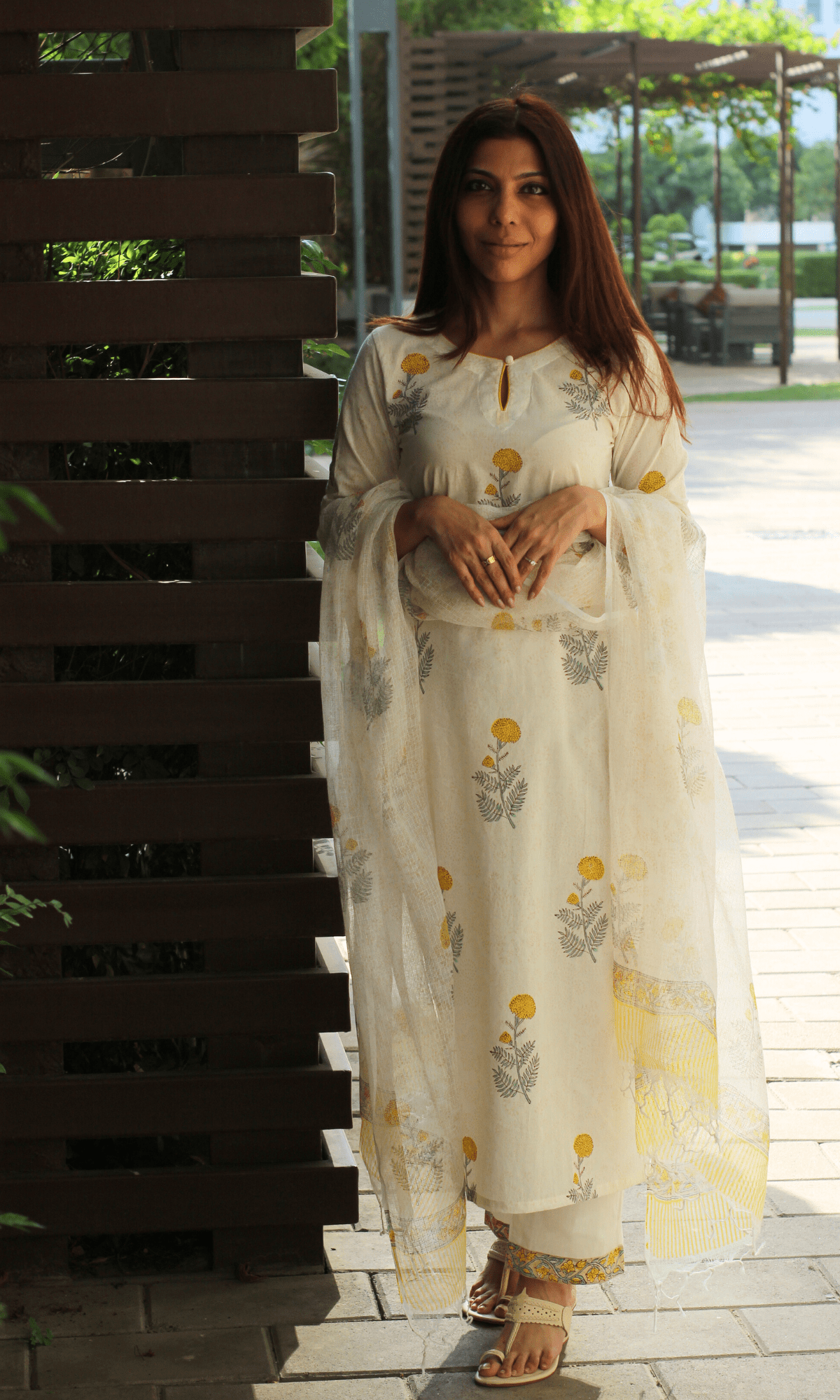 Cotton White Handblock Marigold Print Suit with Kota Doria Handblock Print Dupatta - Baareeki