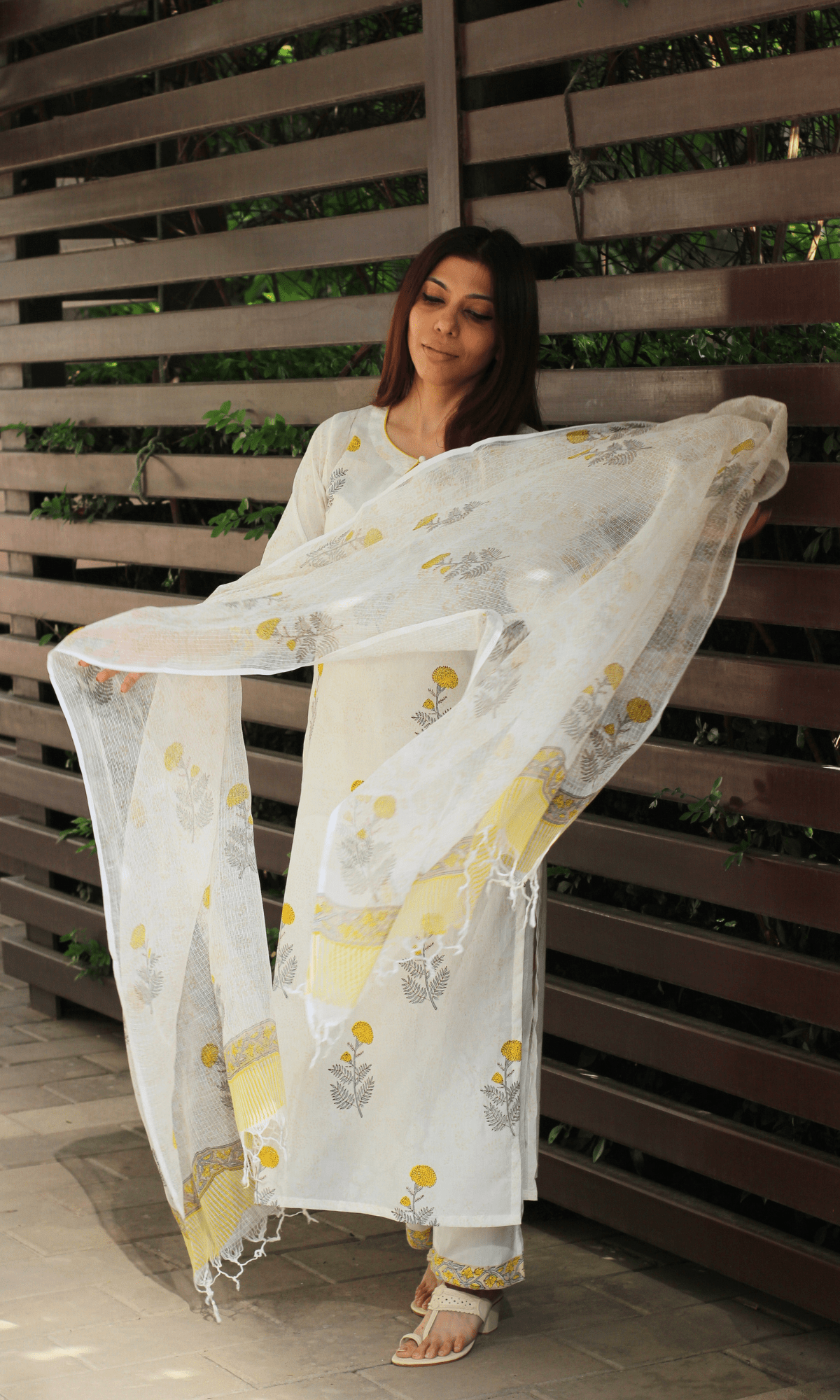 Cotton White Handblock Marigold Print Suit with Kota Doria Handblock Print Dupatta - Baareeki