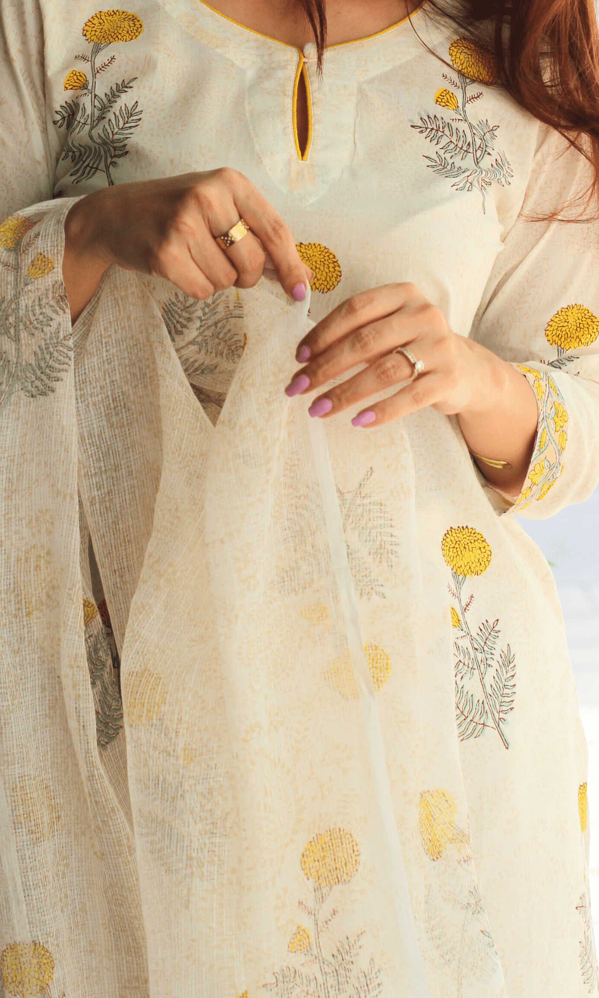 Cotton White Handblock Marigold Print Suit with Kota Doria Handblock Print Dupatta - Baareeki