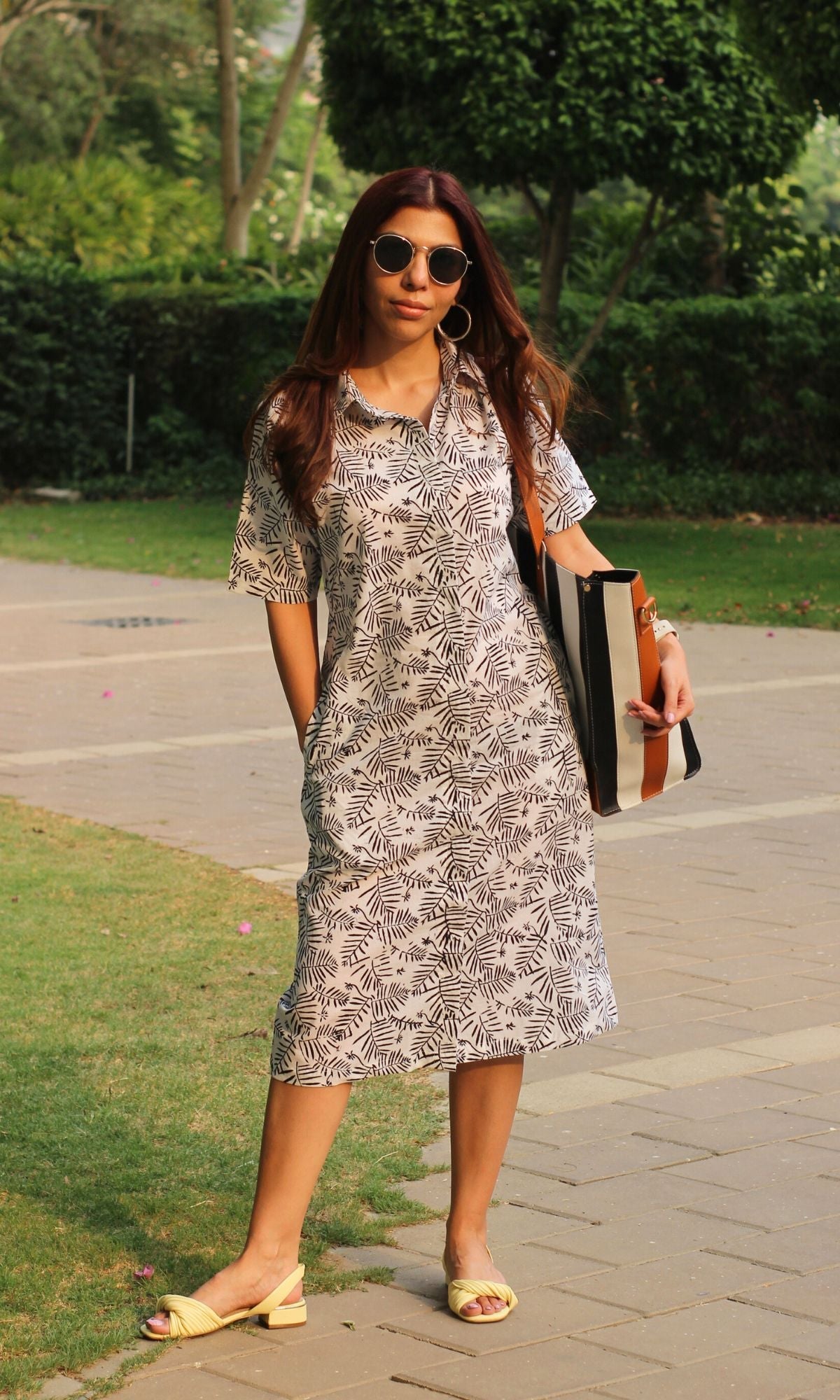 Cotton White Leaf Print Shirt Dress Baareeki cotton-white-leaf-print-shirt-dress-baareeki