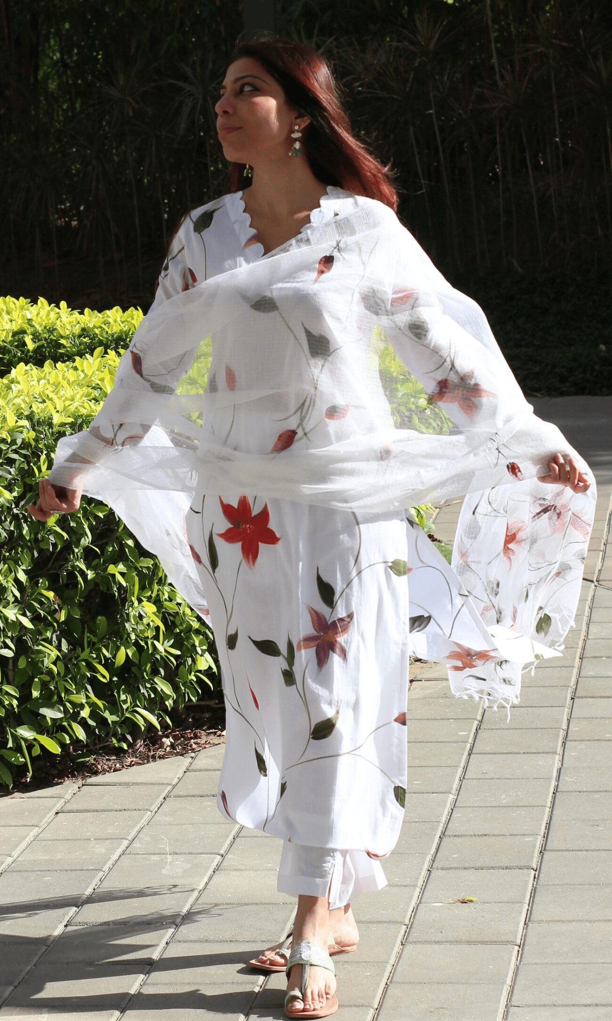 Cotton White Lily Handbrush Painted Suit with Kota doria Handpainted Dupatta - Baareeki