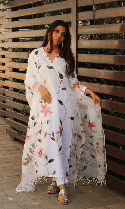 Cotton White Lily Handbrush Painted Suit with Kota doria Handpainted Dupatta - Baareeki