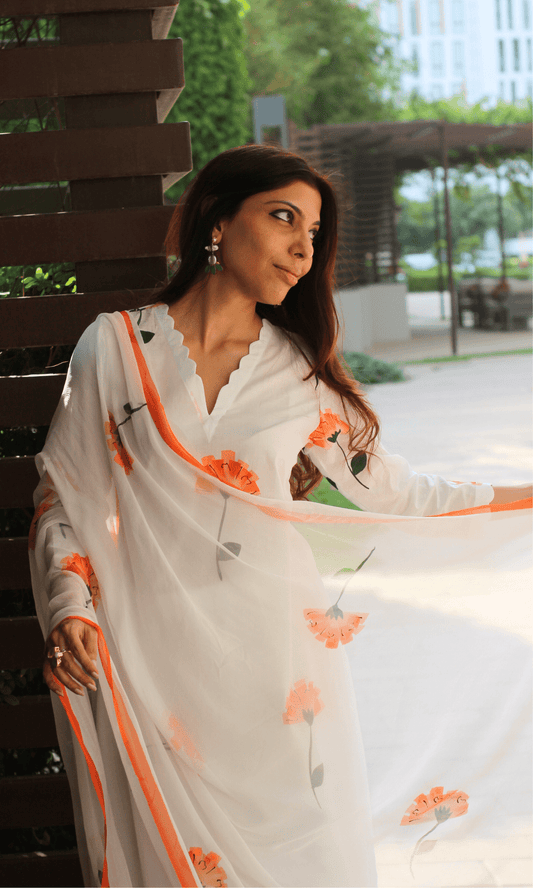 Cotton White & Mandarin Handblock Print Suit with Chiffon Printed Dupatta - Baareeki