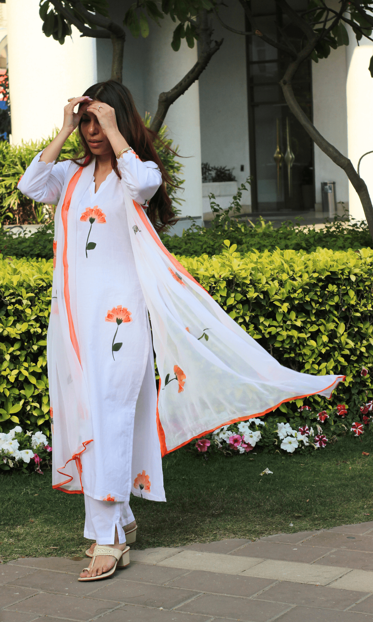 Cotton White & Mandarin Handblock Print Suit with Chiffon Printed Dupatta - Baareeki