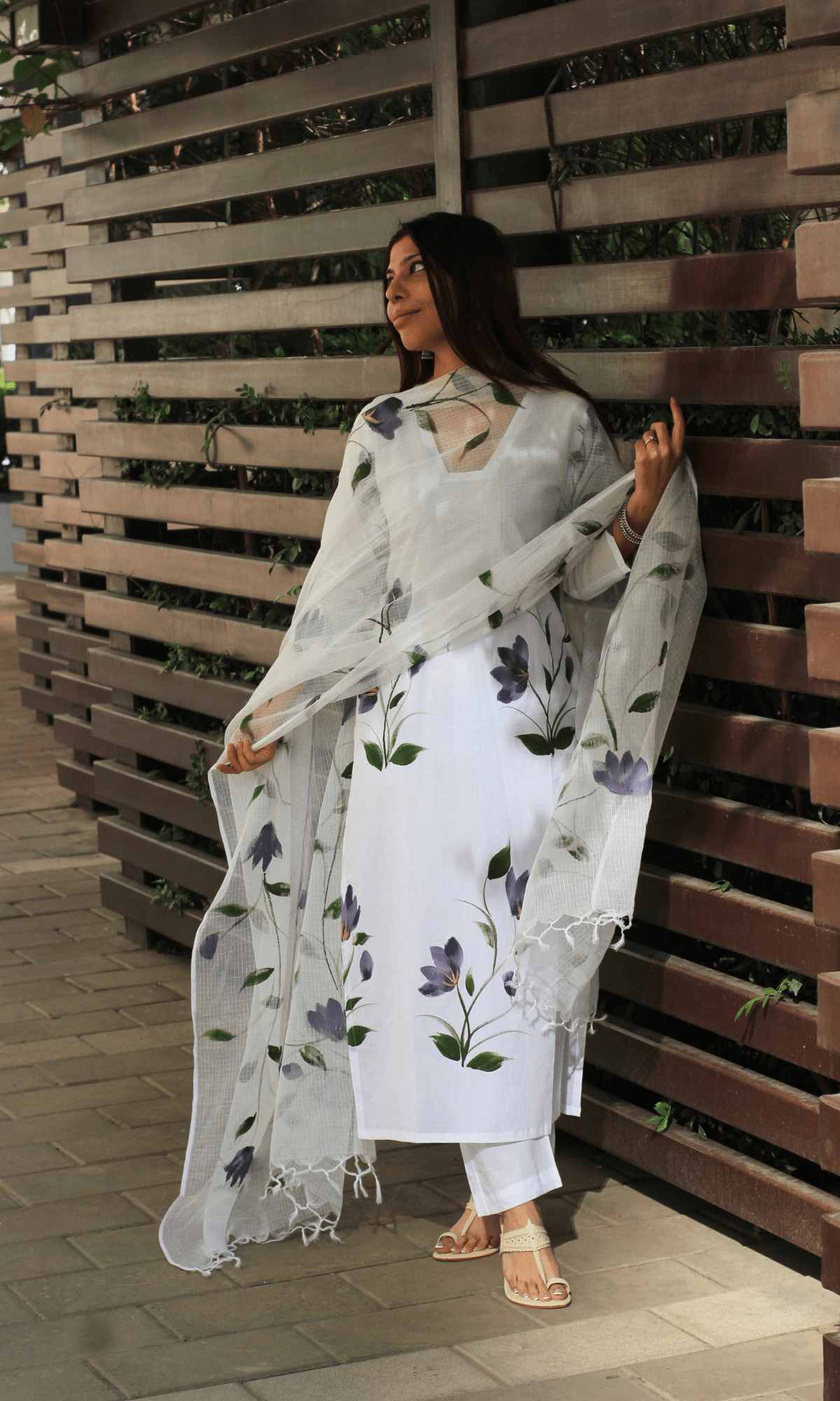 Cotton White Persian Handbrush Painted Suit with Kota Doria Painted Dupatta - Baareeki
