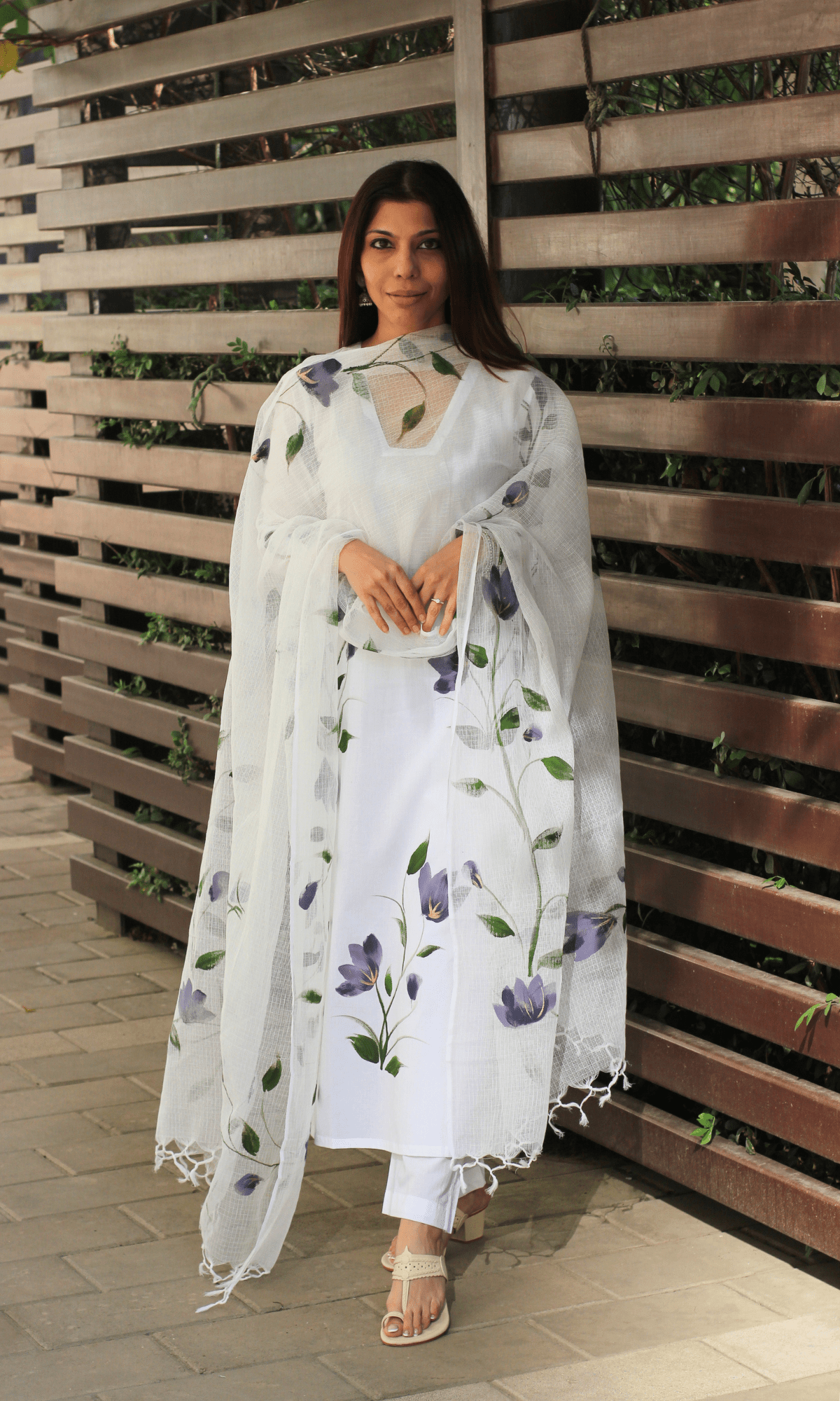 Cotton White Persian Handbrush Painted Suit with Kota Doria Painted Dupatta - Baareeki