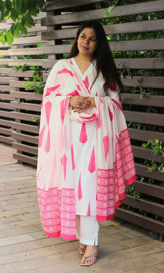 Cotton White & Pink Ashoka Print Suit with Cotton Printed Dupatta - Baareeki