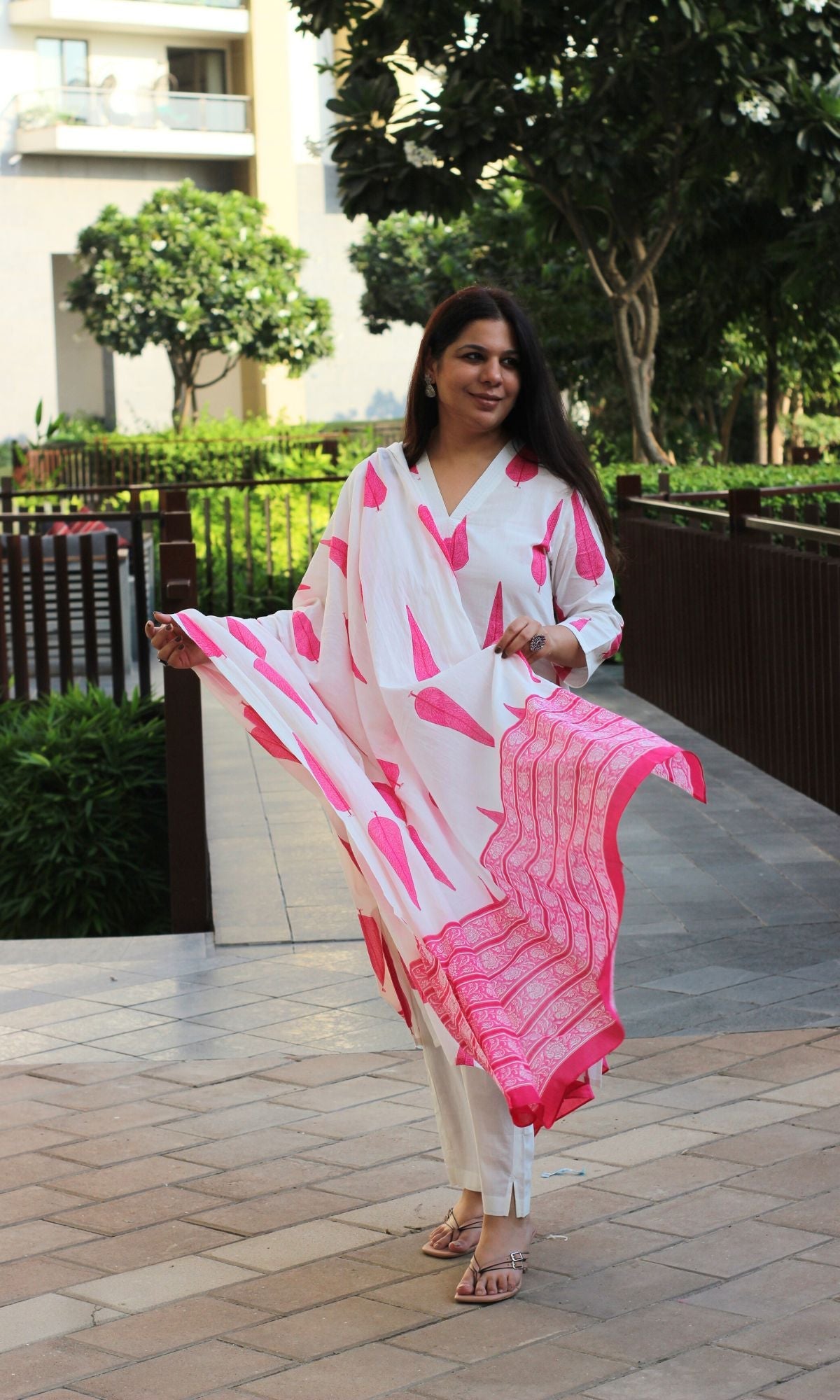 Cotton White & Pink Ashoka Print Suit with Cotton Printed Dupatta - Baareeki