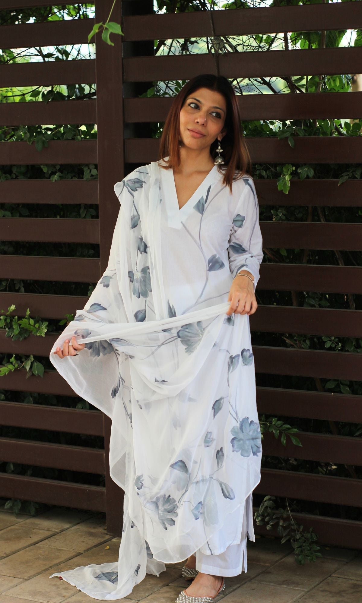 Cotton White & Steel Handbrush Suit Set with Chiffon Handpainted Dupatta - Baareeki