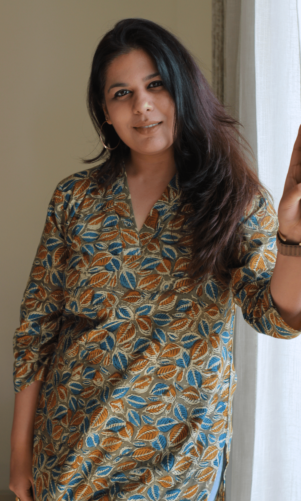 Cotton Yellow & Blue Leaf Print Kalamkari Short Kurta - Baareeki