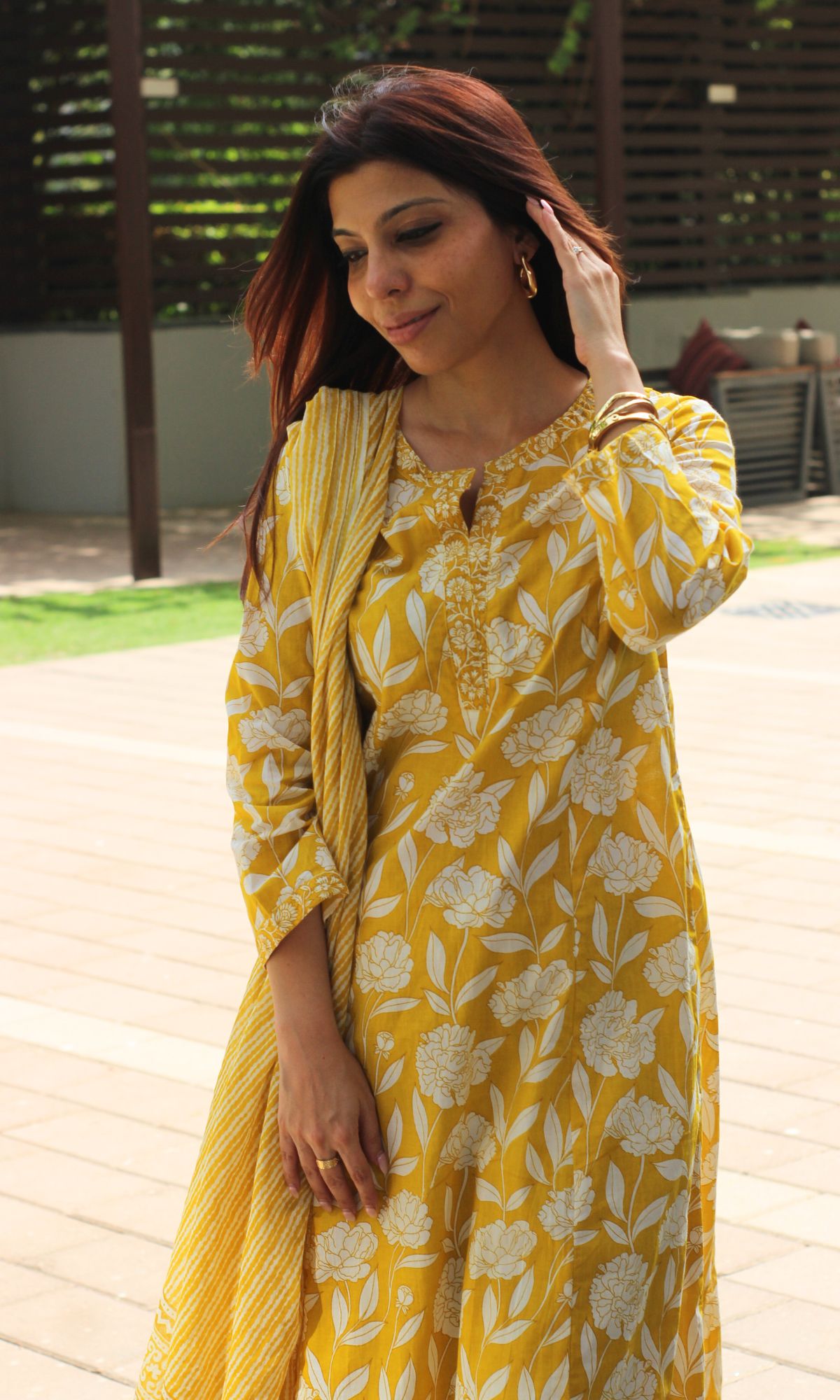 Cotton Yellow Petal Kali Kurta, Pants & Cotton Printed Dupatta - Baareeki
