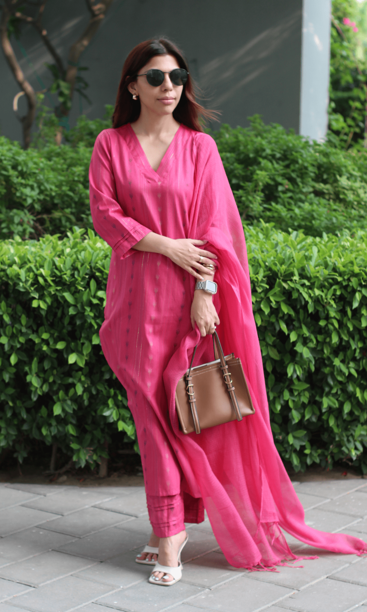 Hot Pink Cotton Lurex Ikkat Print Suit with Kota Doria Dupatta - Baareeki