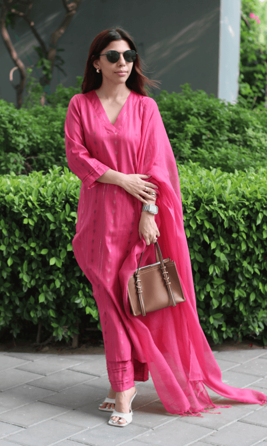 Hot Pink Cotton Lurex Ikkat Print Suit with Kota Doria Dupatta - Baareeki