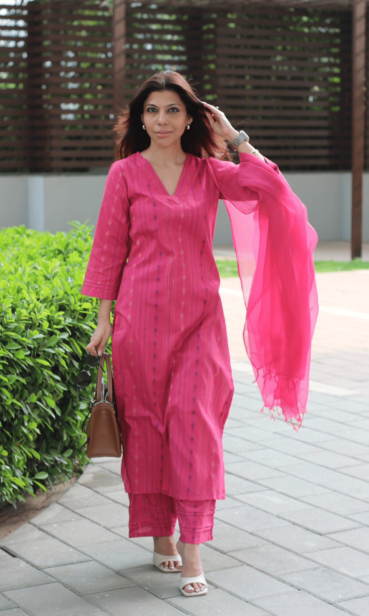 Hot Pink Cotton Lurex Ikkat Print Suit with Kota Doria Dupatta - Baareeki