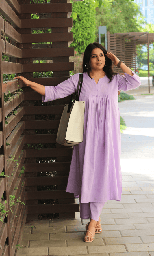 Lavender Cotton Slub Pleated Co - ord - Baareeki