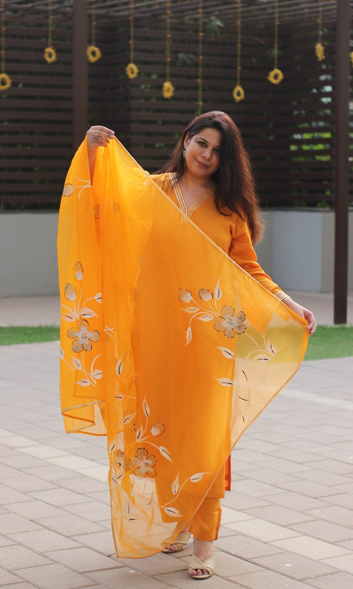 Muslin Silk Mustard Gold Slit Sleeve Suit with Organza Handbrush Painted Dupatta