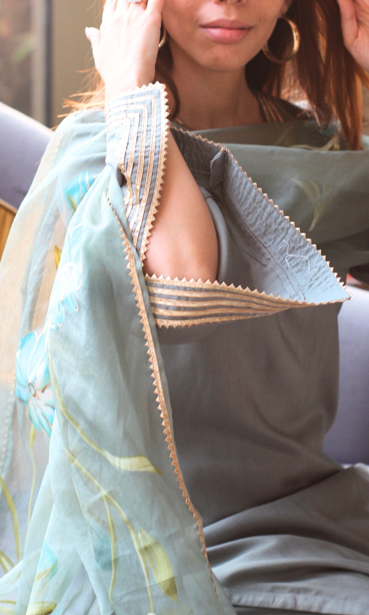 Muslin Silk Pistachio Slit Sleeves Suit with Organza Handpainted Dupatta - Baareeki