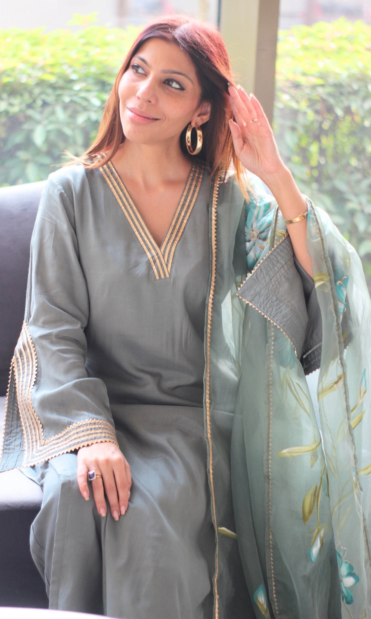 Muslin Silk Pistachio Slit Sleeves Suit with Organza Handpainted Dupatta - Baareeki