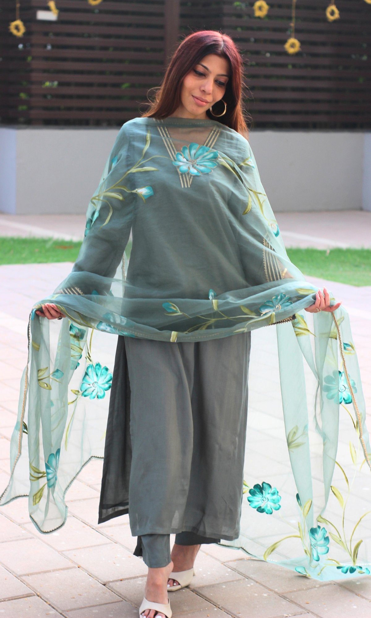 Muslin Silk Pistachio Slit Sleeves Suit with Organza Handpainted Dupatta - Baareeki