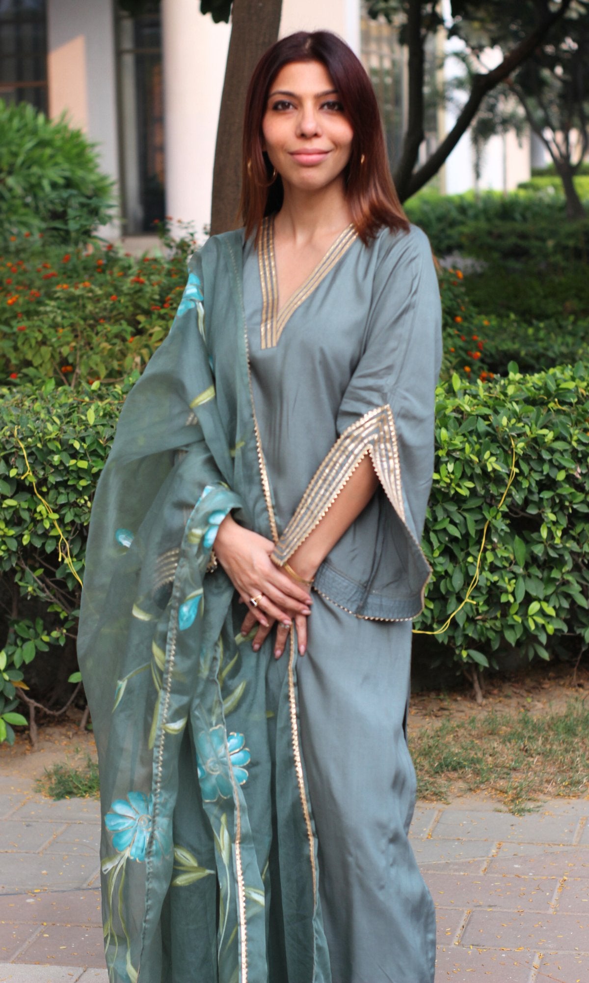 Muslin Silk Pistachio Slit Sleeves Suit with Organza Handpainted Dupatta - Baareeki