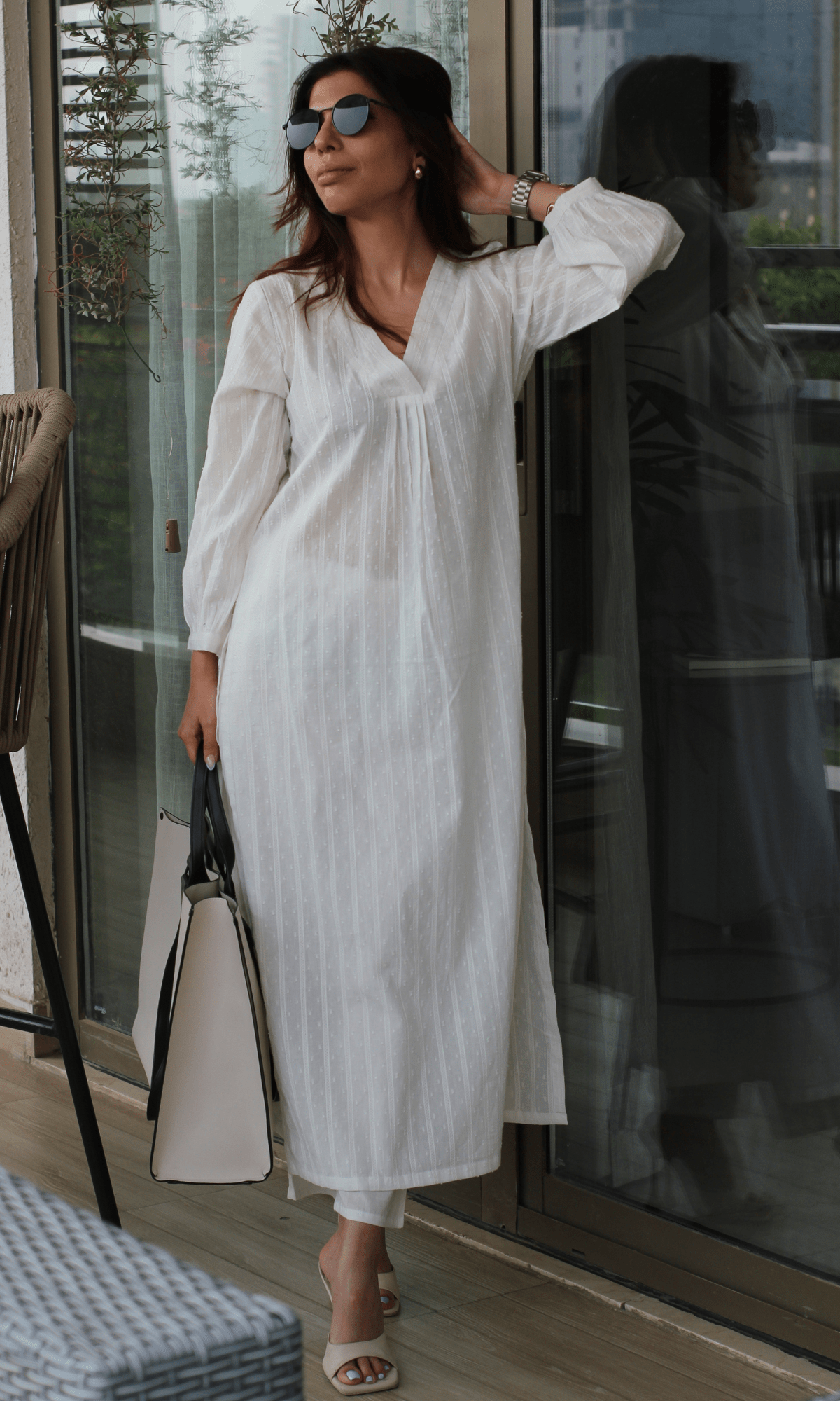 Off - White Cotton Dobby Kurta & Cotton Pant Set - Baareeki