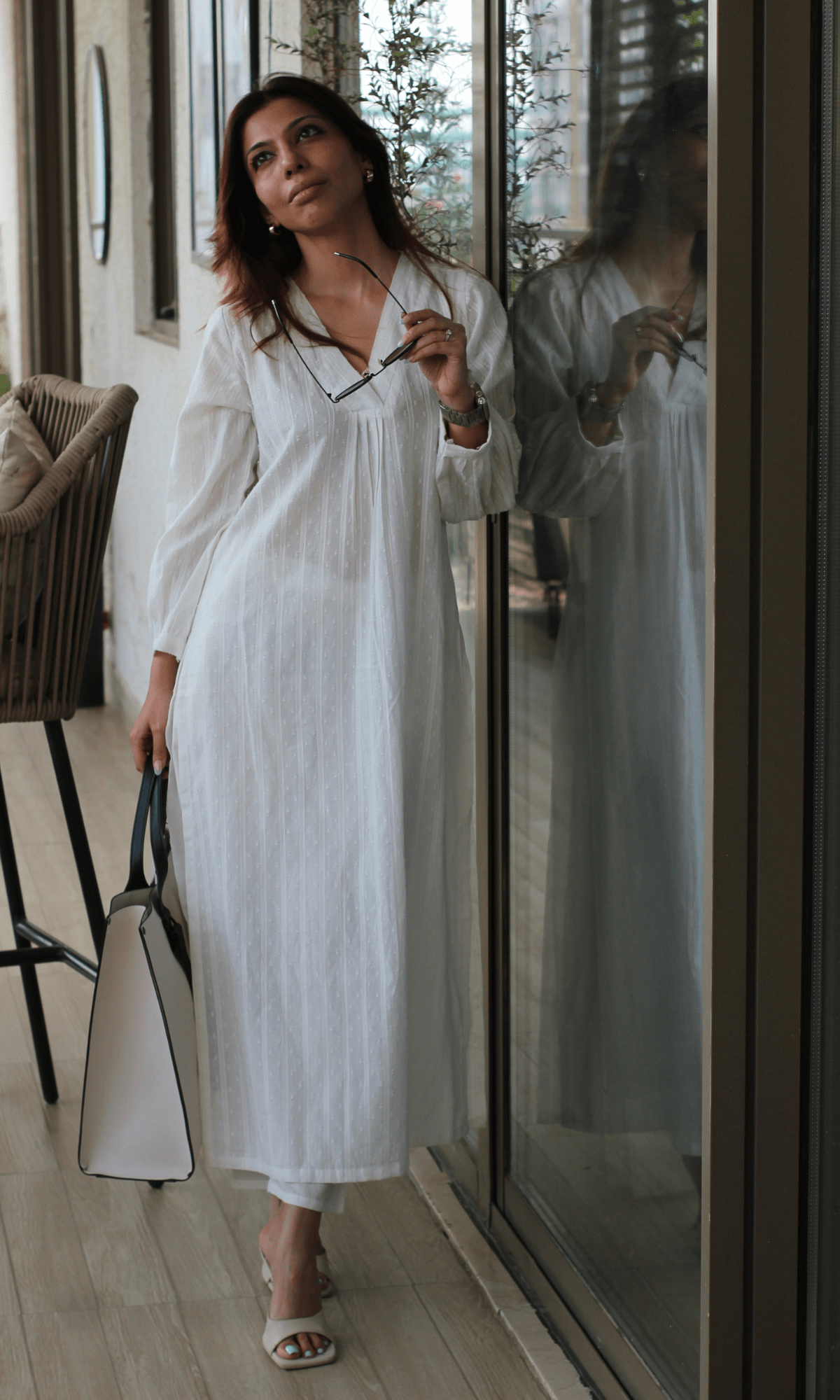 Off - White Cotton Dobby Kurta & Cotton Pant Set - Baareeki