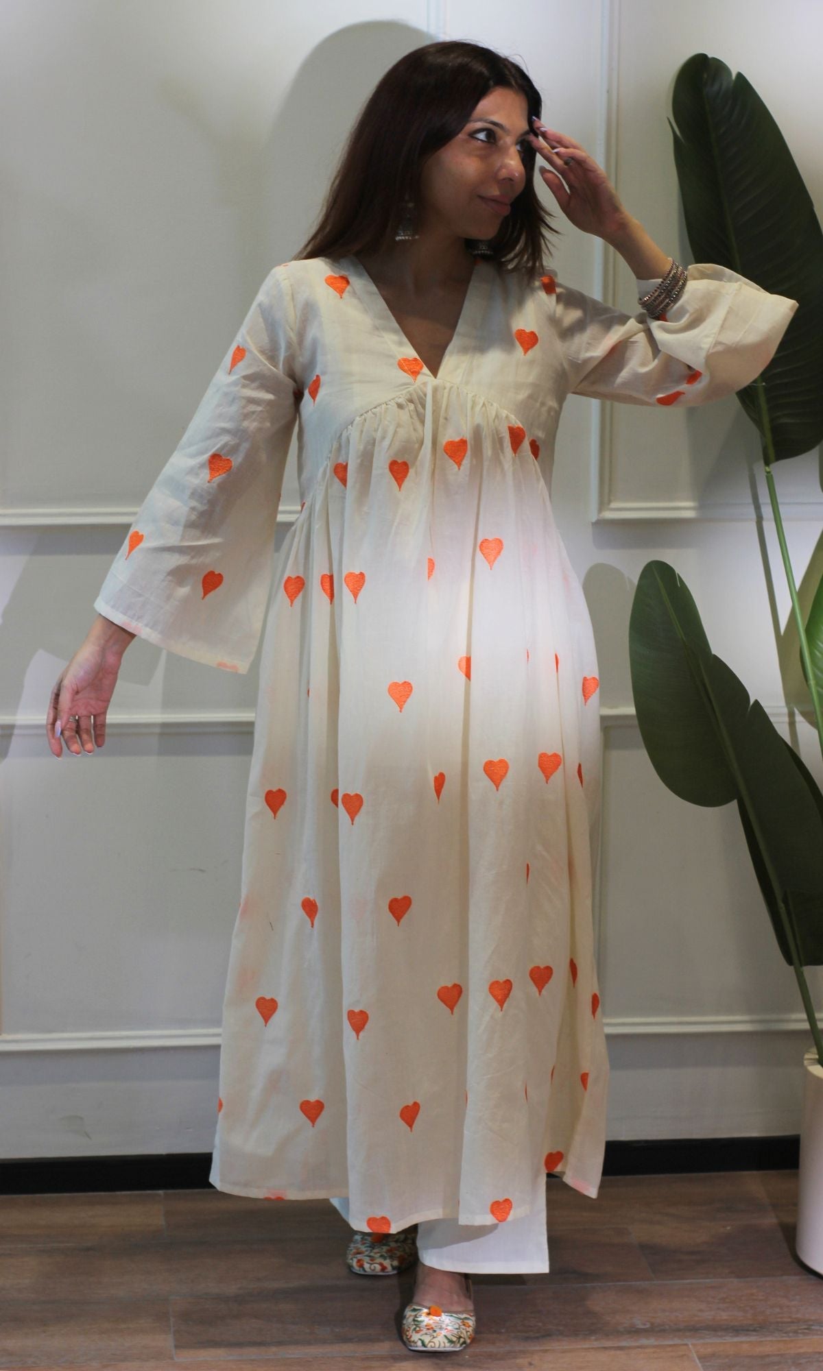 Orange Hearts Cotton Flared Kurta & Pant Set - Baareeki