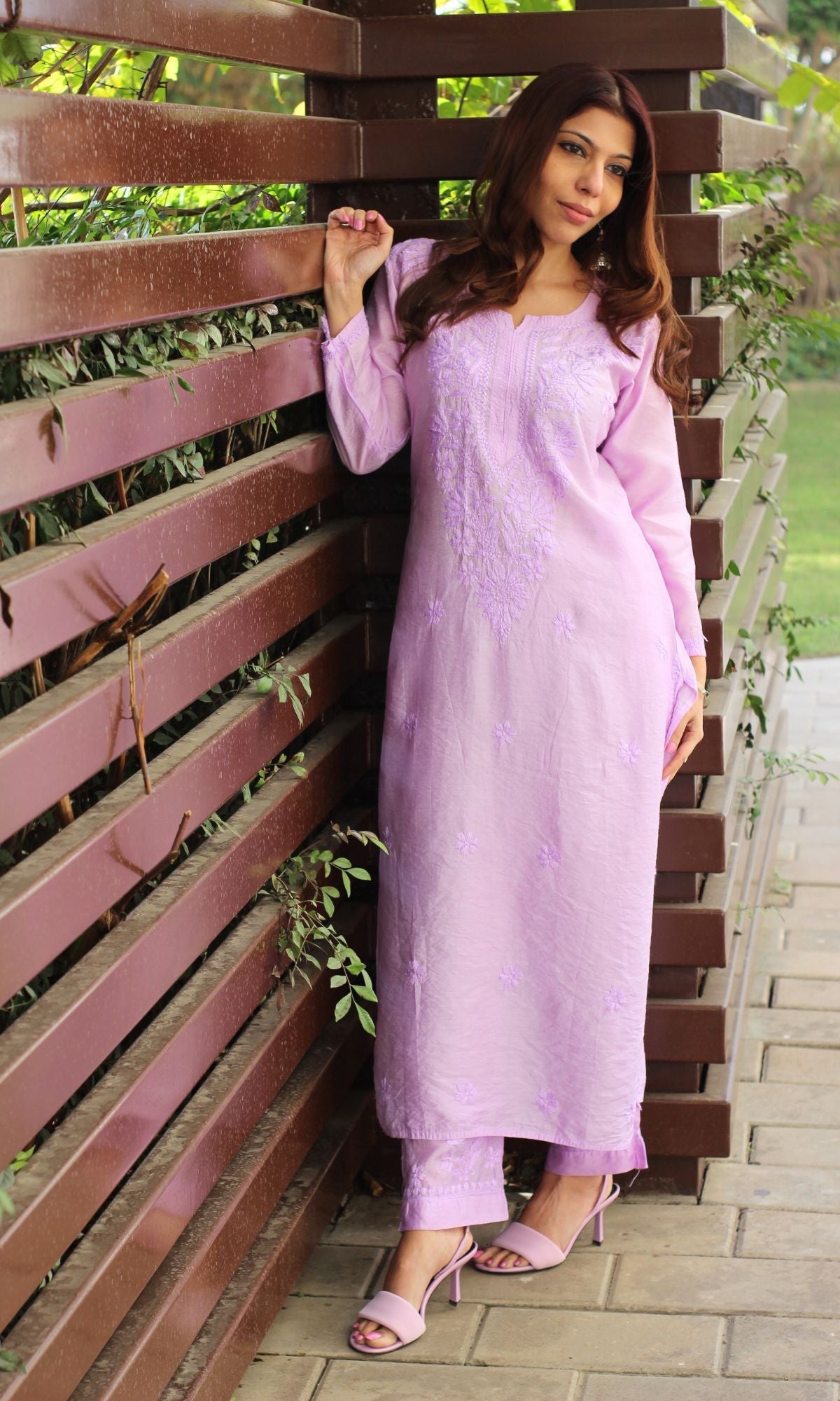 Chanderi Silk Lavender Handwork Chikankari Coord Set - Baareeki