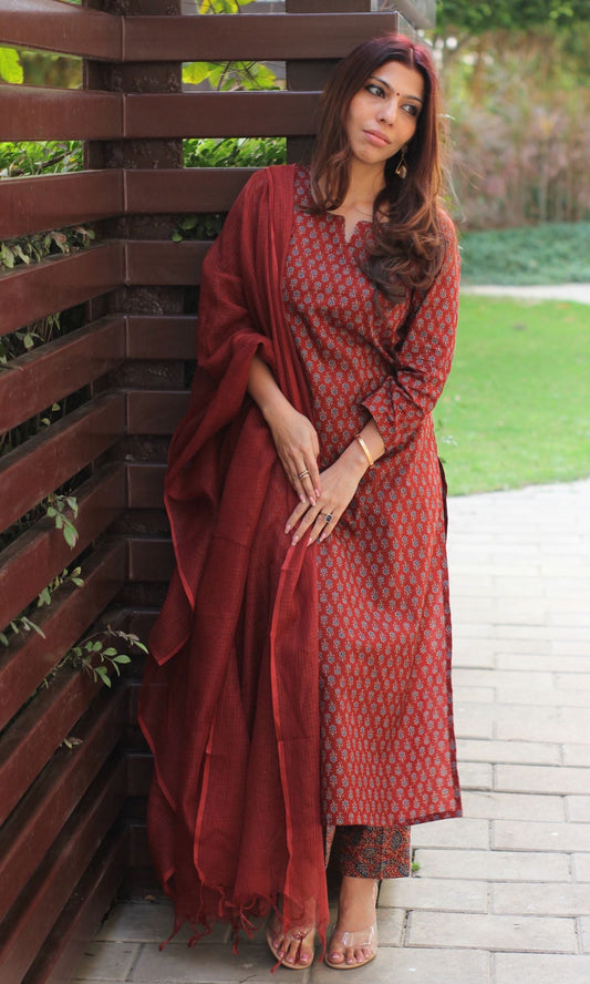 Cotton Ajrakh Maroon Suit Set with Kota Doria Dupatta - Baareeki