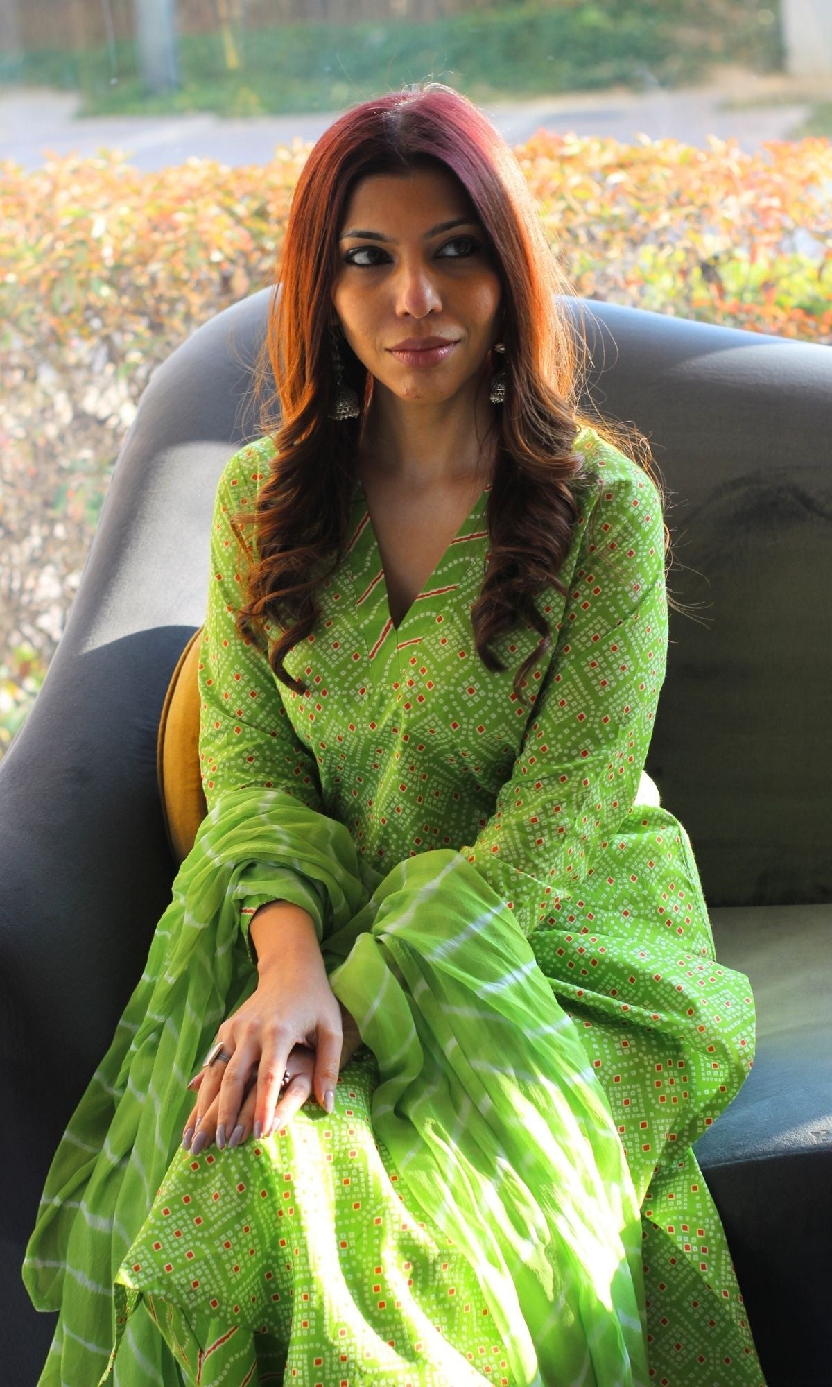 Cotton Bandhani Print Green Suit Set with Printed Chiffon Dupatta - Baareeki