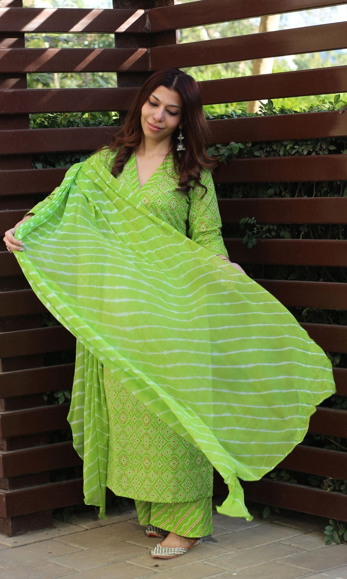 Cotton Bandhani Print Green Suit Set with Printed Chiffon Dupatta - Baareeki