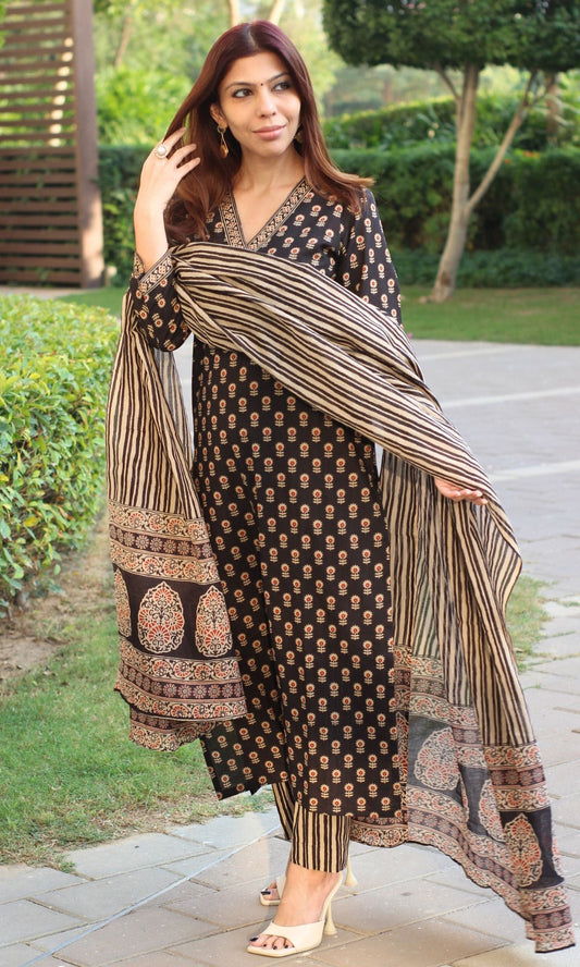 Cotton Block Print Black and Red Suit Set with Cotton Dupatta - Baareeki