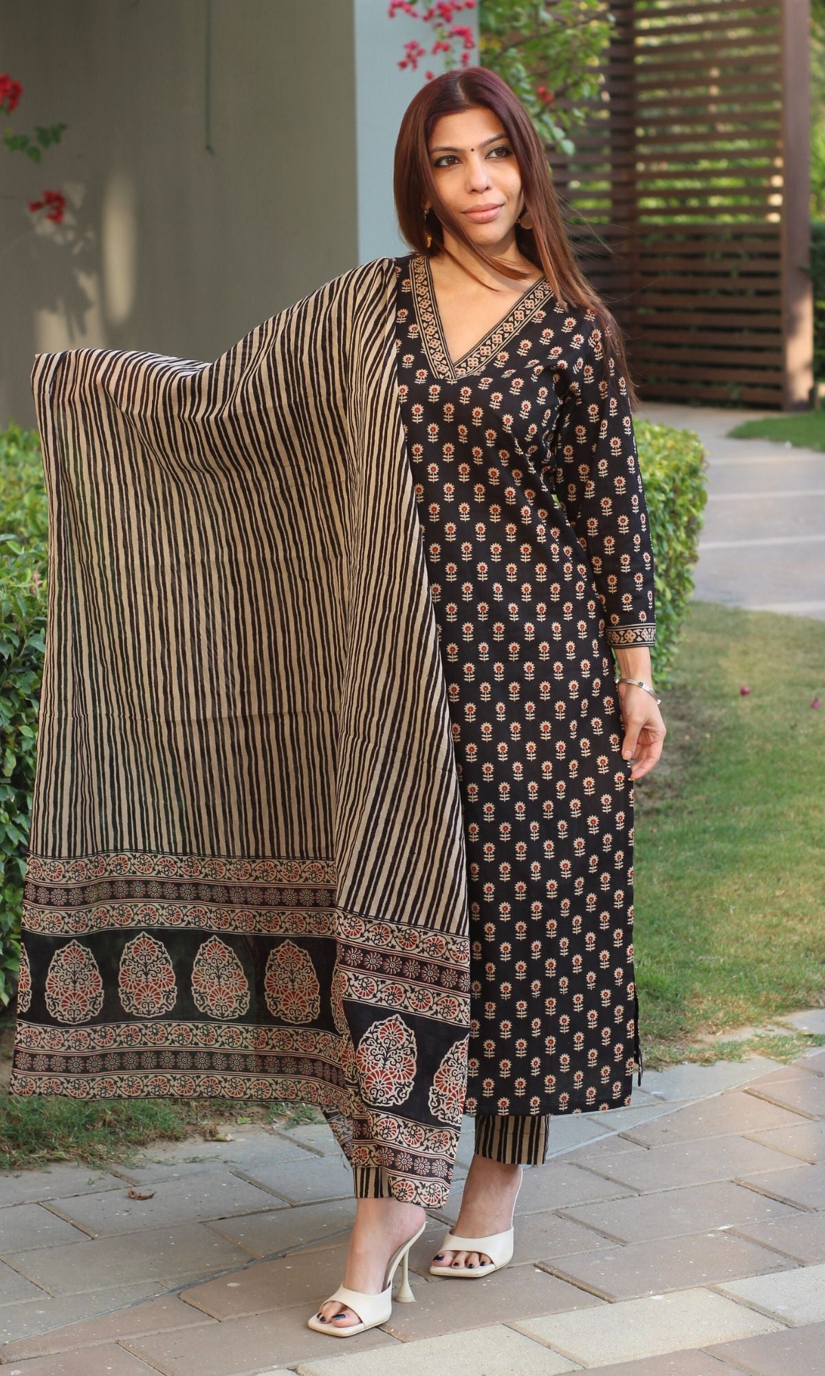 Cotton Block Print Black and Red Suit Set with Cotton Dupatta - Baareeki