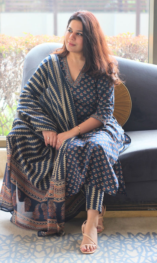 Cotton Block Print Navy Blue Suit Set with Printed Cotton Dupatta - Baareeki