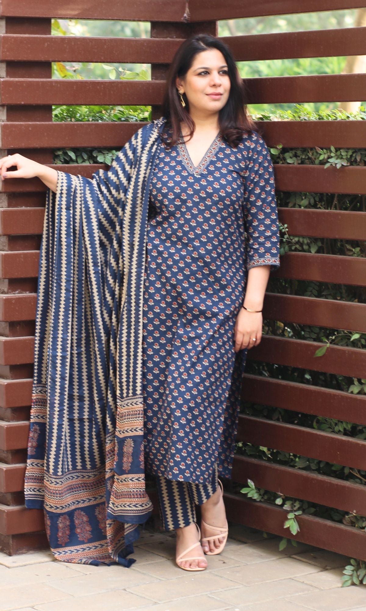 Cotton Block Print Navy Blue Suit Set with Printed Cotton Dupatta - Baareeki