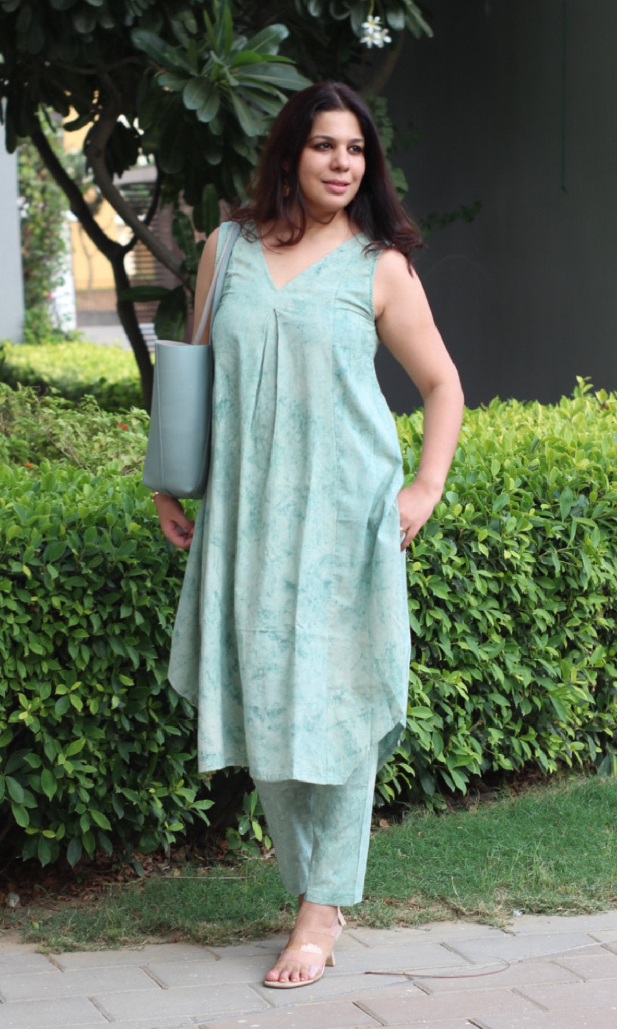 Cotton Gradient Handprinted Green Coord Set - Baareeki