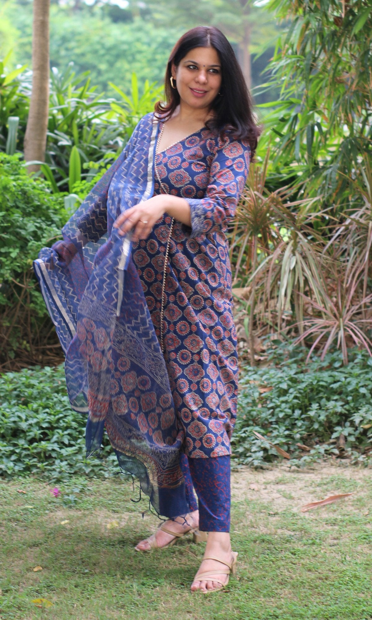 Cotton Handblock Angrakha Style Suit Set with Kota Doria Dupatta - Baareeki