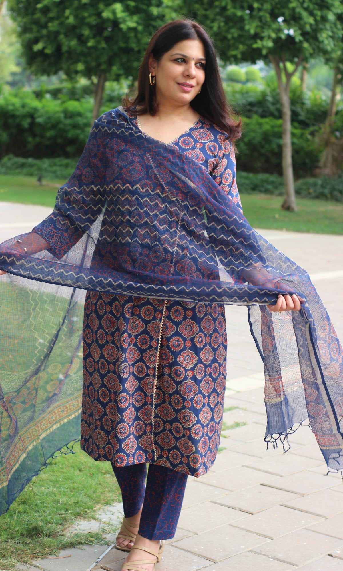 Cotton Handblock Angrakha Style Suit Set with Kota Doria Dupatta - Baareeki
